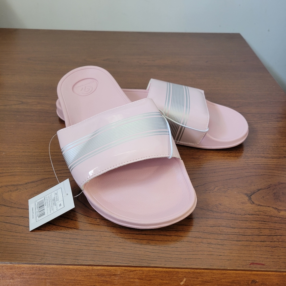 NWT Champion Slides Pink Silver Stripe Women Size 10